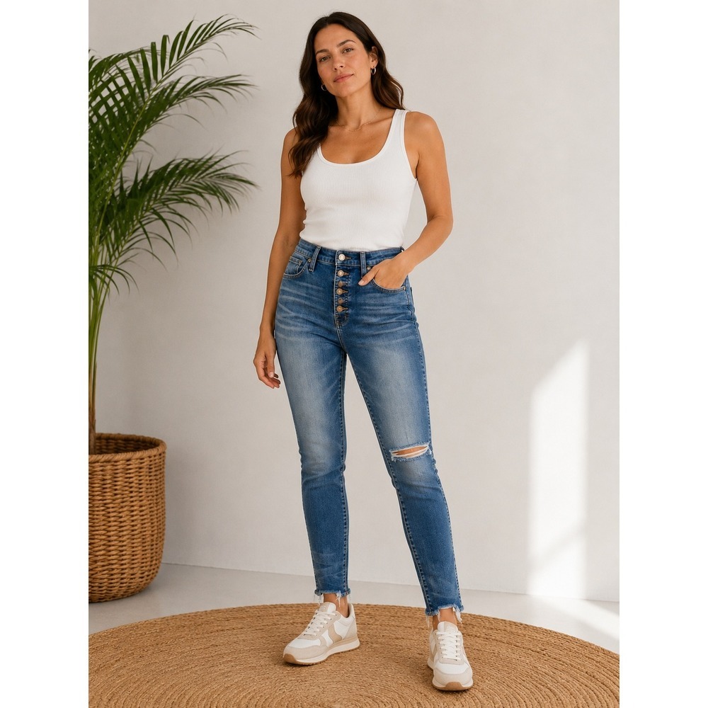Madewell Skinny Jeans Button Fly Step Hem Distressed Blue 28 Denim Boho Edgy